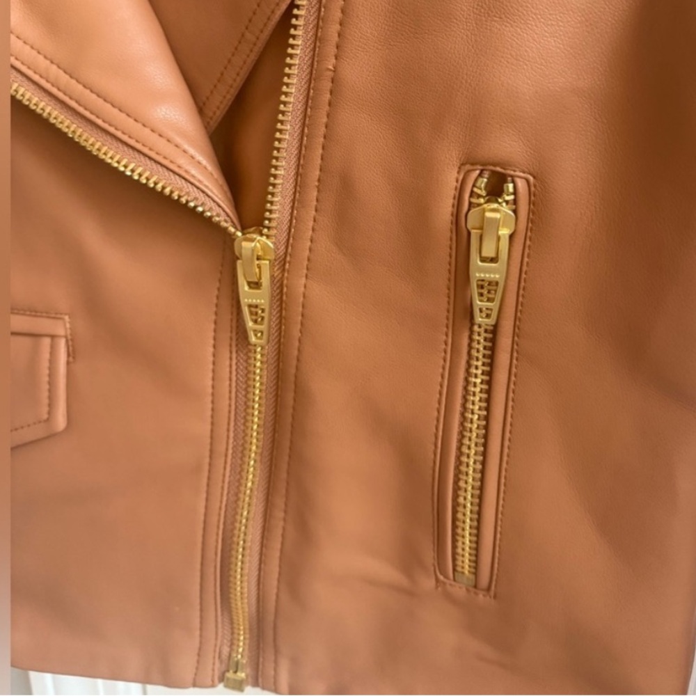Women's Tan Faux Leather Moto Jacket - Picture 4 of 5